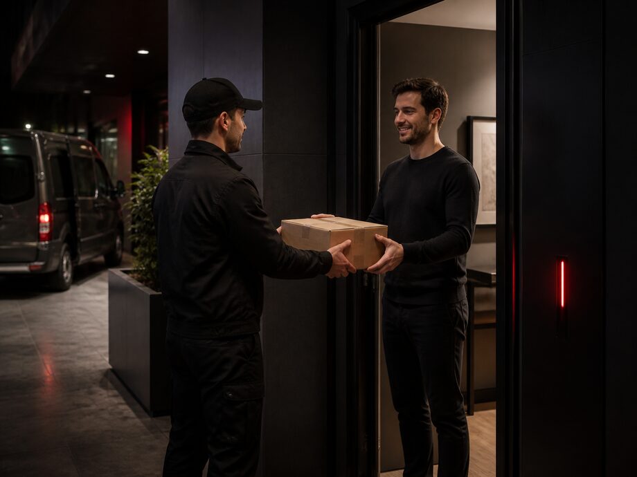 Un corriere consegna un ordine a un cliente davanti al portone di un edificio
