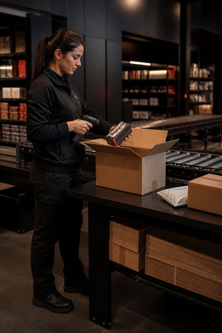 A specialist picking an e-commerce order on a dark fulfillment line