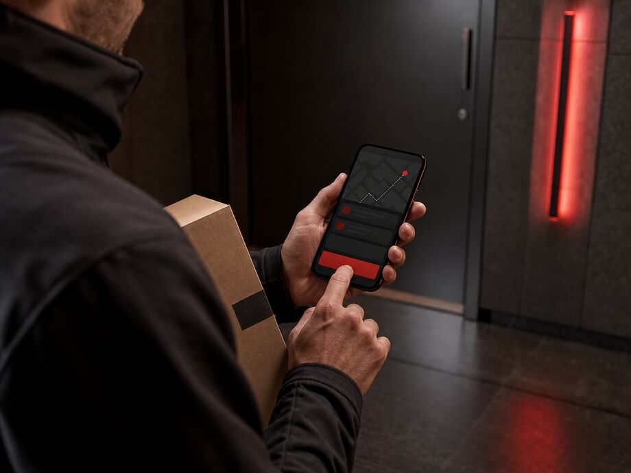 Ein Kurier ändert in der mobilen App an der Tür des Empfängers den Status der aktuellen Lieferung