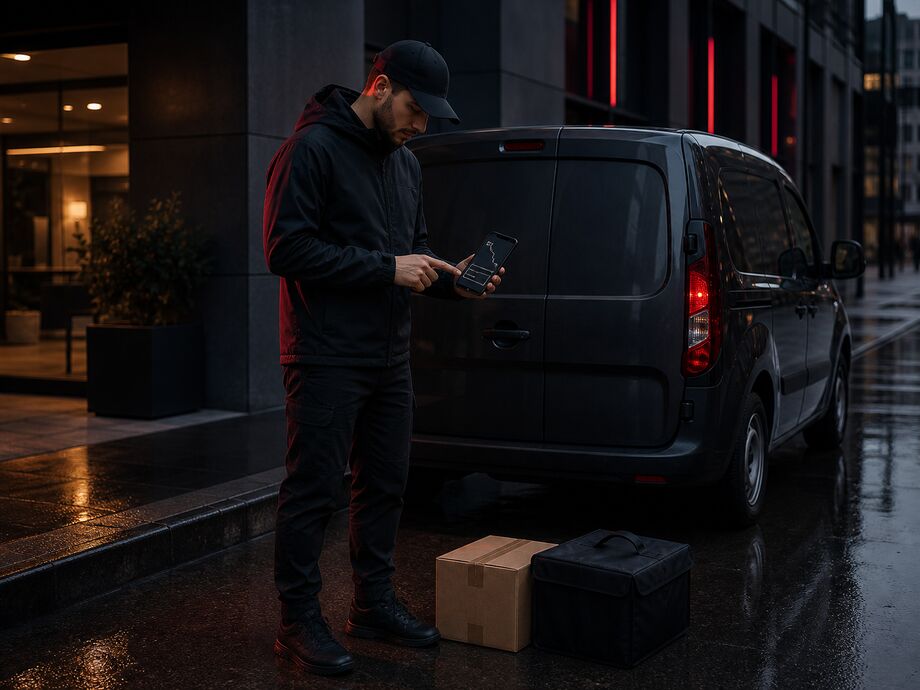 Ein Kurier prüft eine Aufgabe auf dem Smartphone neben Fahrzeug und vorbereiteter Bestellung