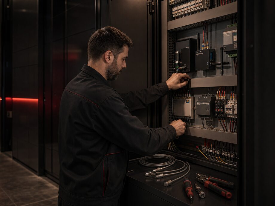 Ein Industriecontroller, ein Gateway und Sensoren, montiert in einem gemeinsamen Wartungsschrank