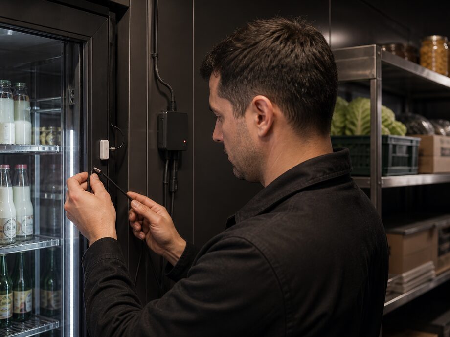 Ein gewerblicher Kühlschrank mit Temperatursensor, Türüberwachung und Telemetriegerät