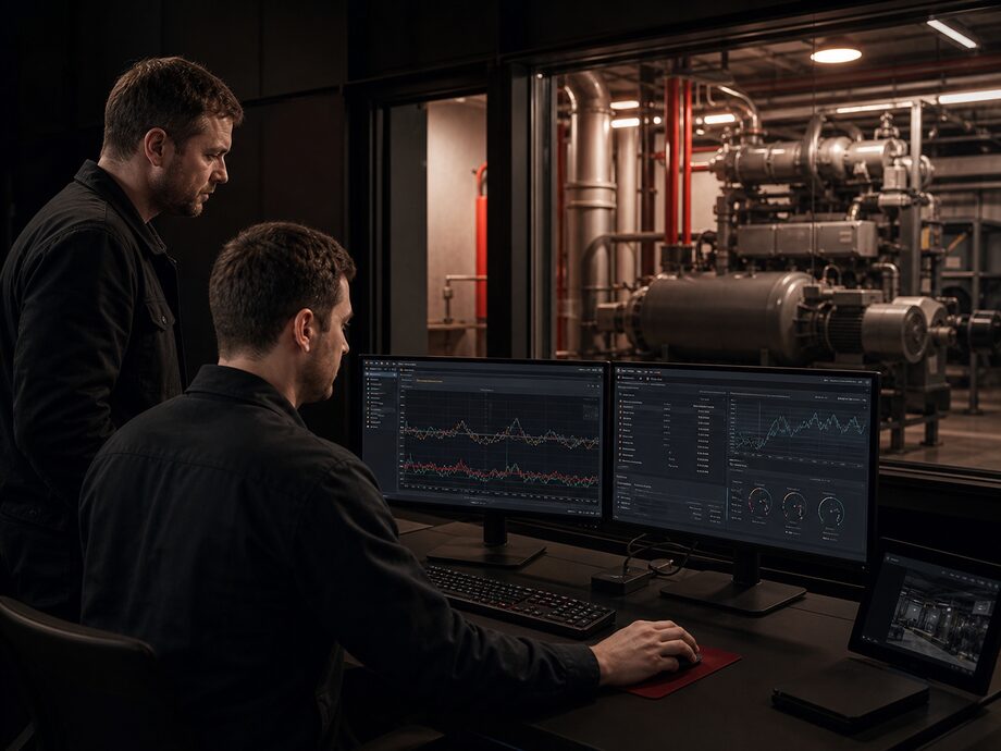Ein Mitarbeiter diagnostiziert aus der Ferne einen Kompressor und ändert die zulässigen Parameter seines Controllers