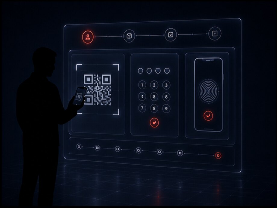 Силуэт пользователя проходит цифровую идентификацию по QR-коду или PIN-коду
