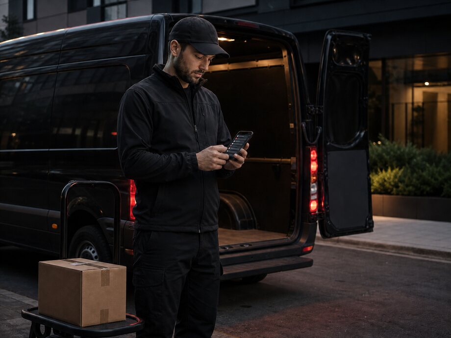 Ein Fahrer prüft die Aufgabenliste auf dem Smartphone neben Fahrzeug und Paket