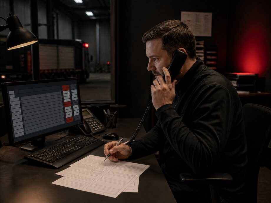 Ein Logistikmitarbeiter klärt einen Auftrag am Telefon und prüft die Warteschlange der Lieferaufträge