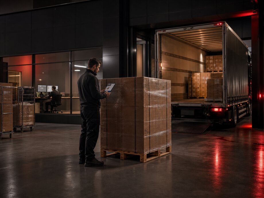Ein Mitarbeiter eines Logistikzentrums prüft die Fracht am Fahrzeug, während ein Disponent den Versand aus dem Büro überwacht