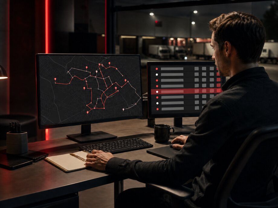 Ein Logistikplaner arbeitet Routen und die Reihenfolge der Lieferstopps auf zwei Bildschirmen aus