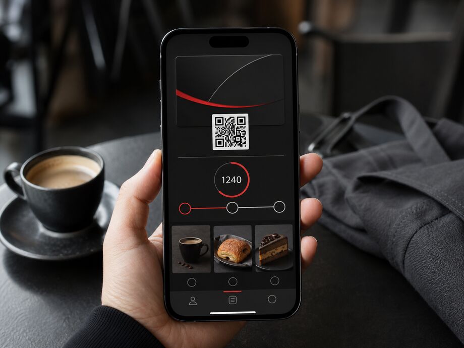 Смартфондағы адалдық бағдарламасының интерфейсі: QR-код, баланс, деңгей және ұсыныстар