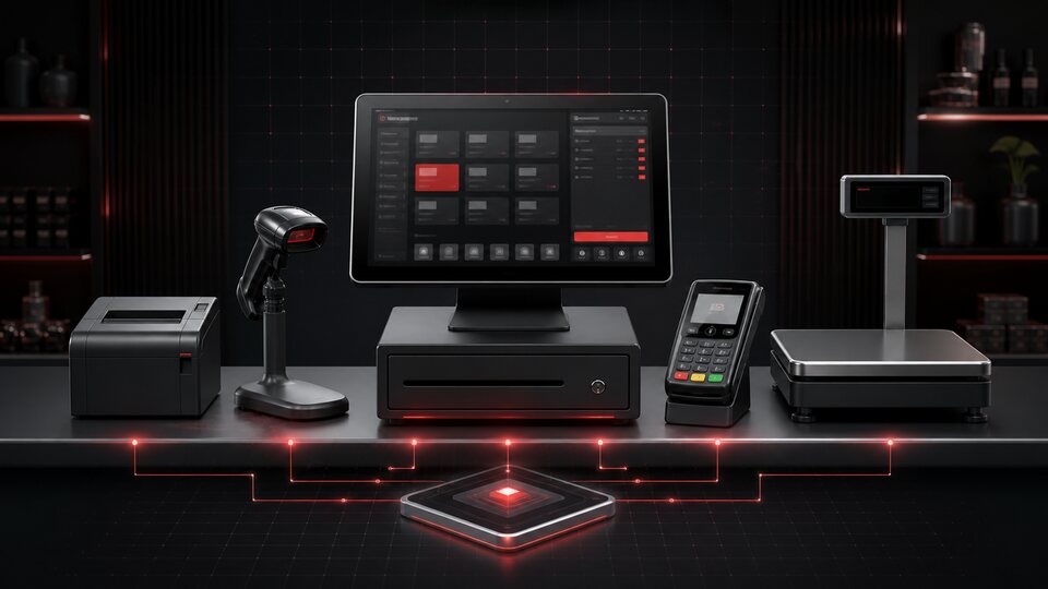 Технологическая схема кассового оборудования торговой точки: POS-станция, сканер, принтер, весы и платёжный терминал