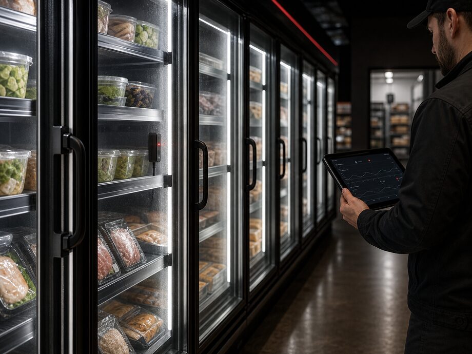 Un tecnico verifica un sensore di temperatura e le letture a distanza dei banchi refrigerati del negozio