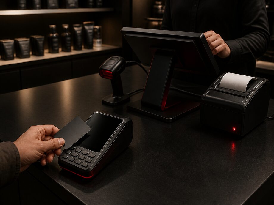 Un cliente paga con carta a un terminale di pagamento separato, accanto al sistema di cassa