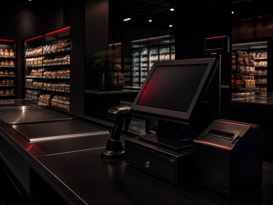 L'area casse di un negozio moderno con una postazione POS tutto-in-uno, un lettore e una stampante di scontrini