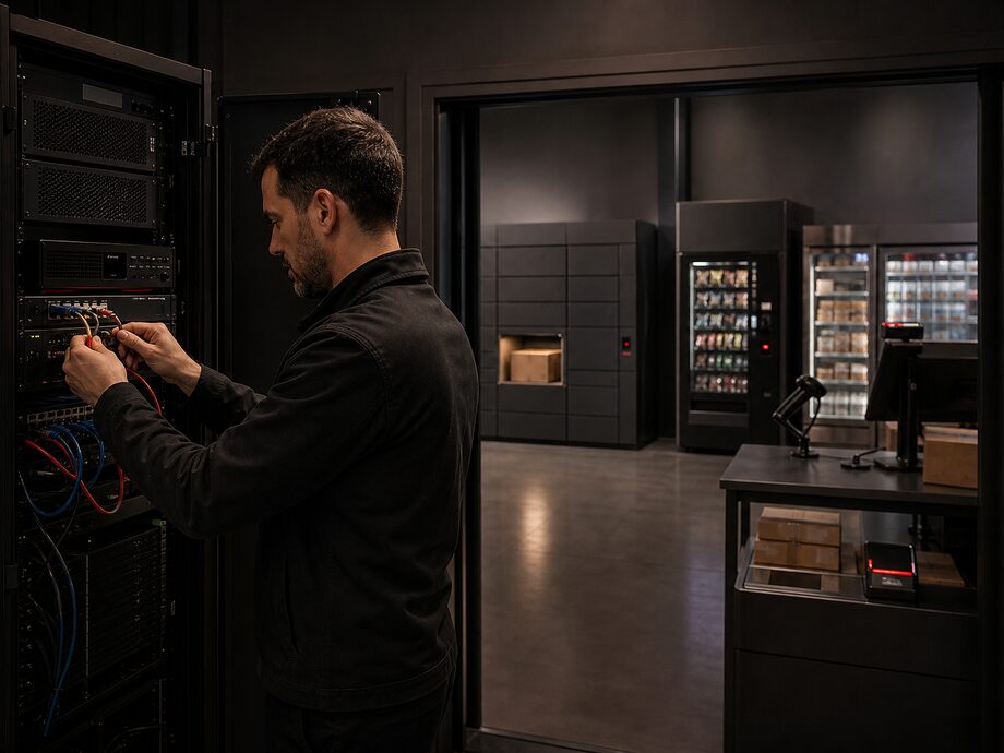 Un server collega un armadietto automatico, un distributore, un frigorifero, un magazzino e le apparecchiature di pagamento