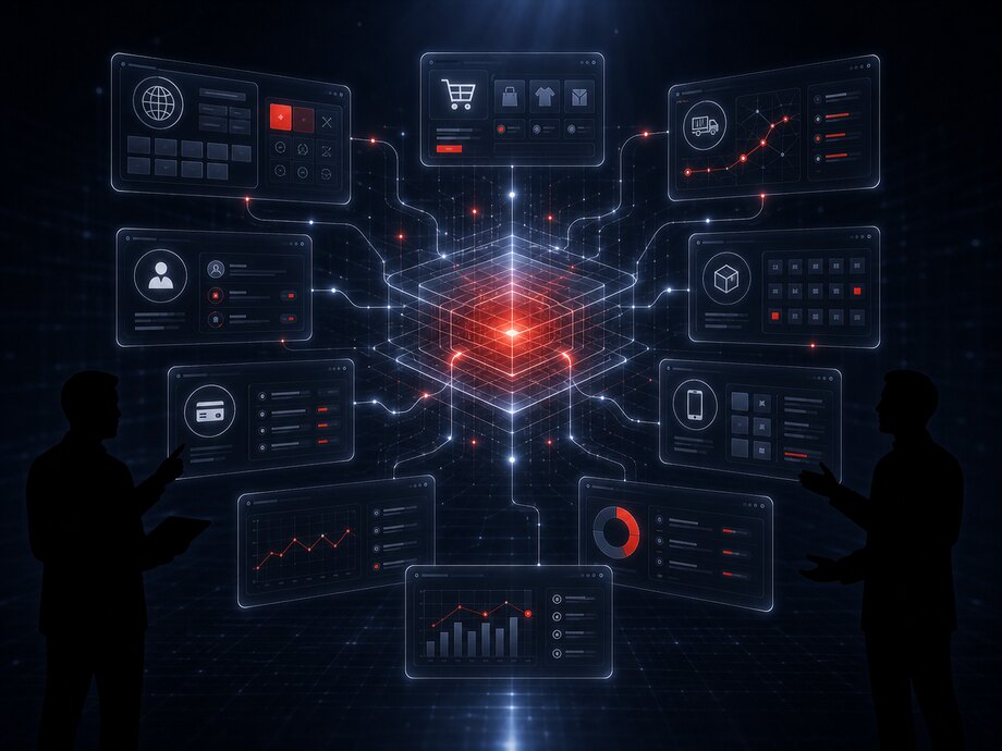 Силуэты специалистов управляют цифровыми интеграциями платформы самообслуживания