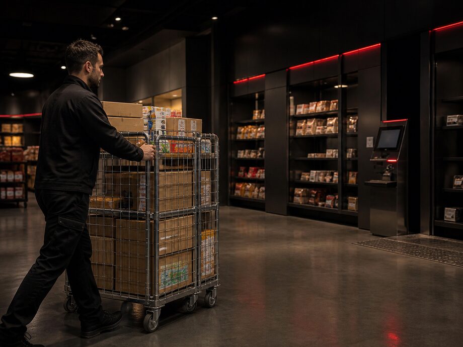 Un addetto alla logistica trasporta la merce dal magazzino ai punti self-service