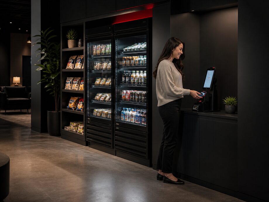 Un micromarket senza personale con frigoriferi, espositori e un terminale self-service