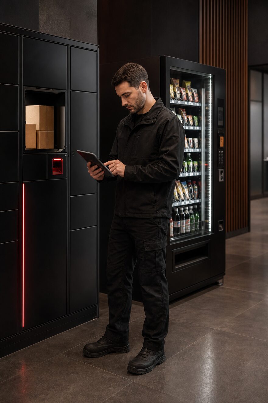 Un tecnico assiste un distributore automatico mentre un addetto alla logistica rifornisce una rete self-service