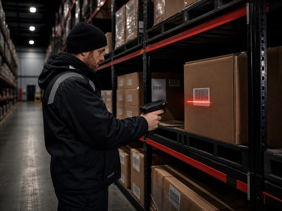 Ein Lagermitarbeiter liest am Regal den Barcode einer Kiste mit einem industriellen Handscanner